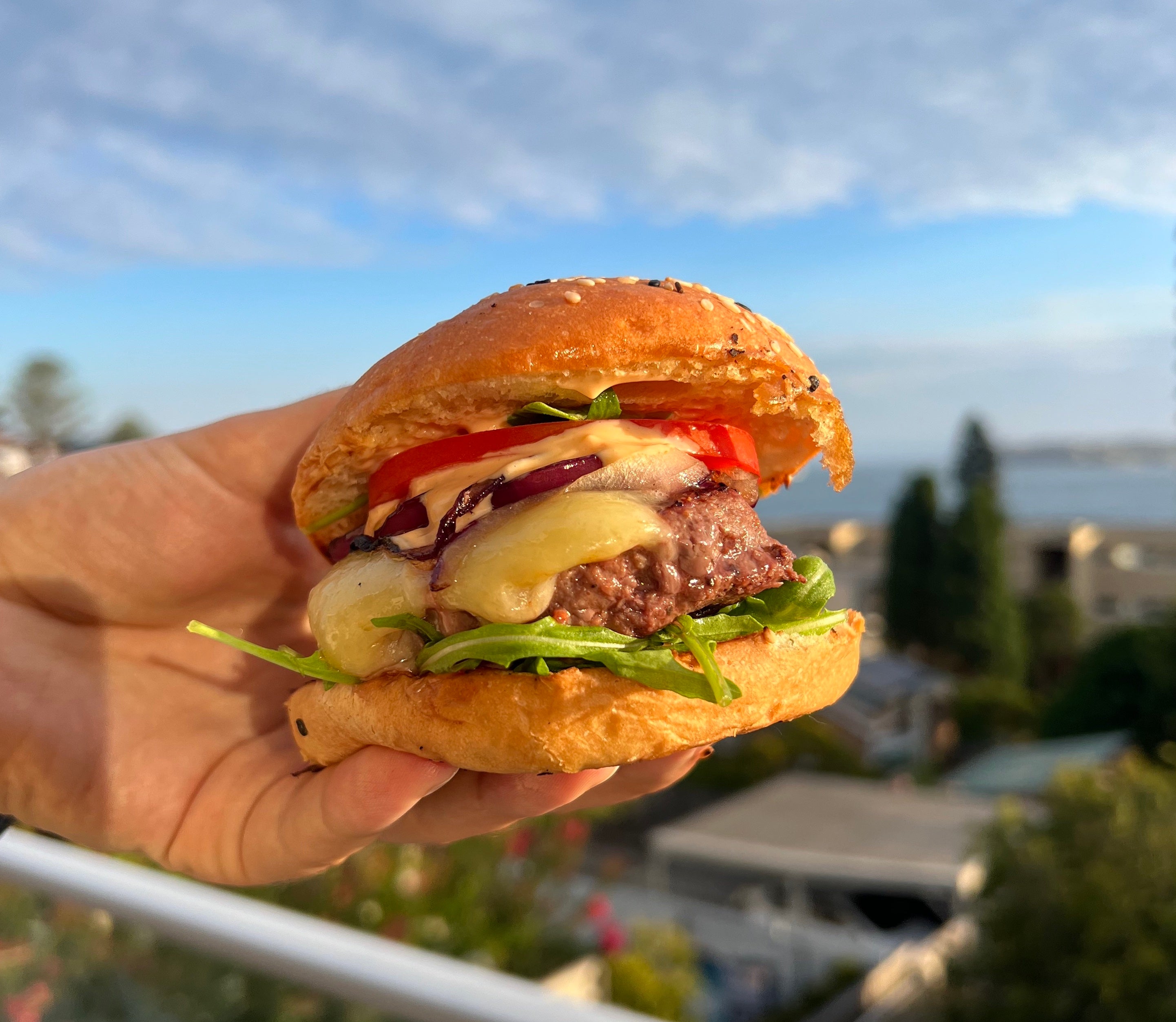 The perfect kangaroo burger cooked on the STOV BBQ (a small portable gas barbecue)