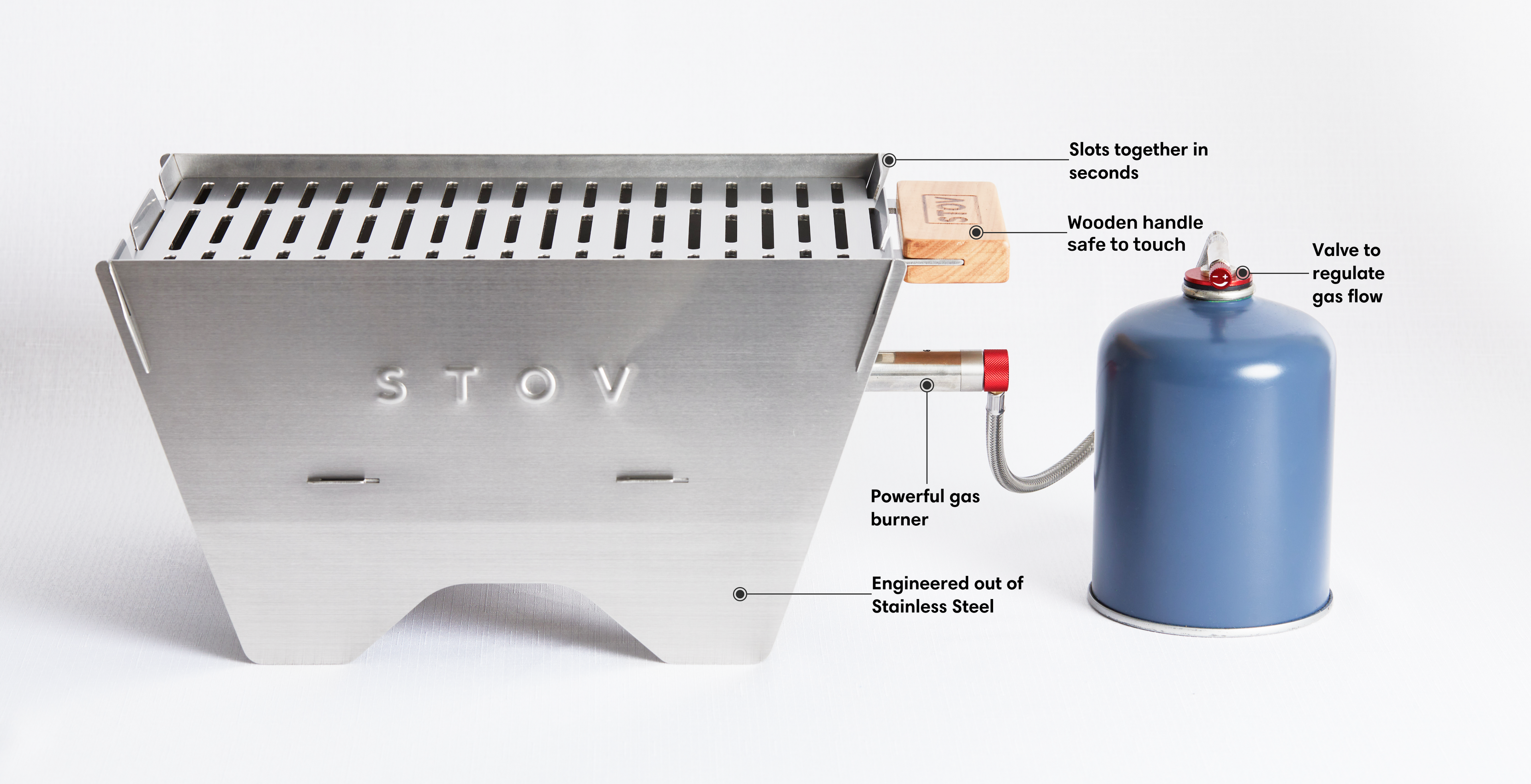 STOV portable gas (propane butane) bbq side view perfect for camping and outdoor cooking