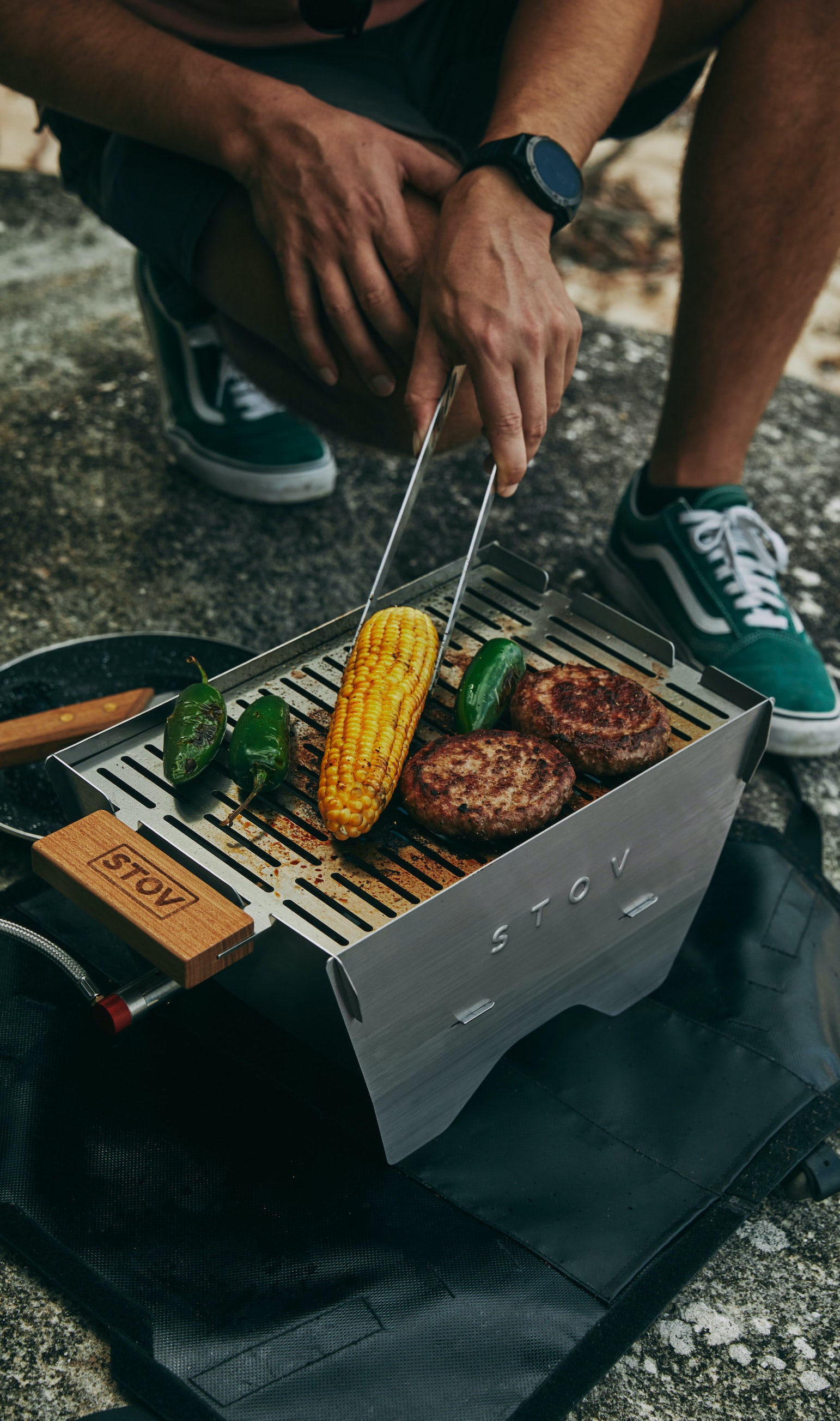 Best portable bbq for outdoor cooking and camping - the compact STOV gas BBQ set up cooking really good food