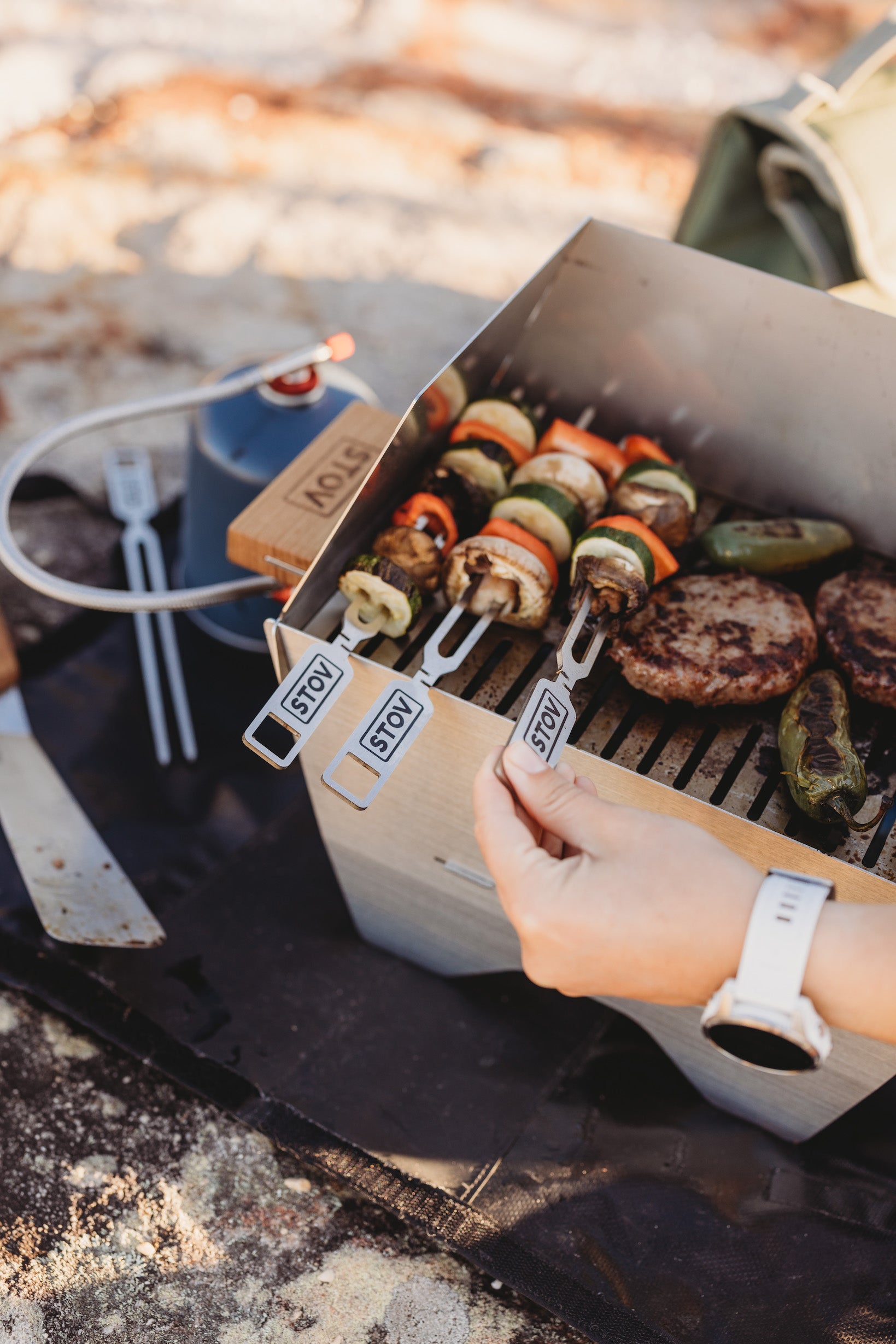 Veggies and chicken skewers are an amazing addition to your portable gas BBQ and will help you grill delicious kebabs.