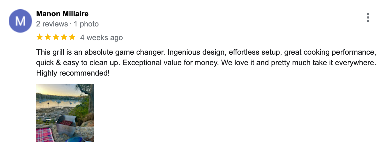 Fuel yourself with an amazing barbecue session at the park like this happy customer writing a perfect review.