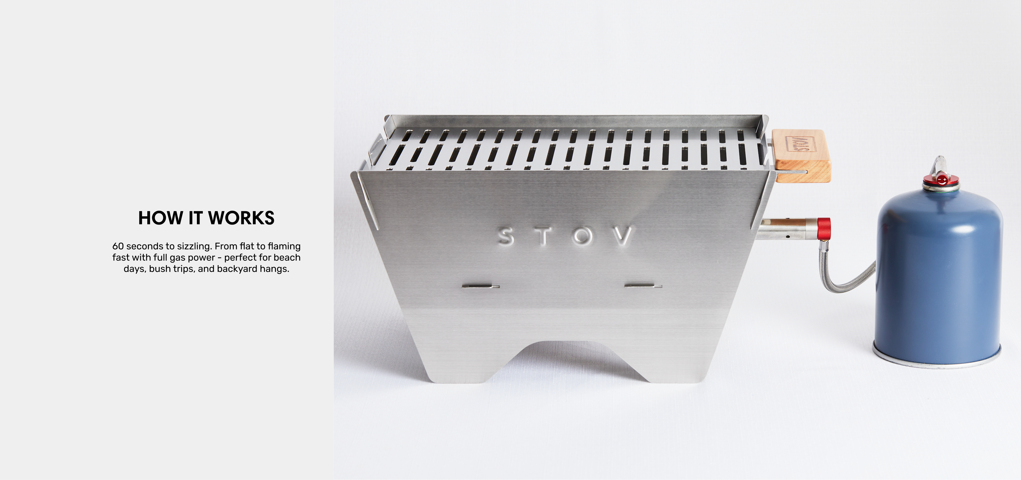 STOV portable gas (propane butane) bbq side view perfect for camping and outdoor cooking